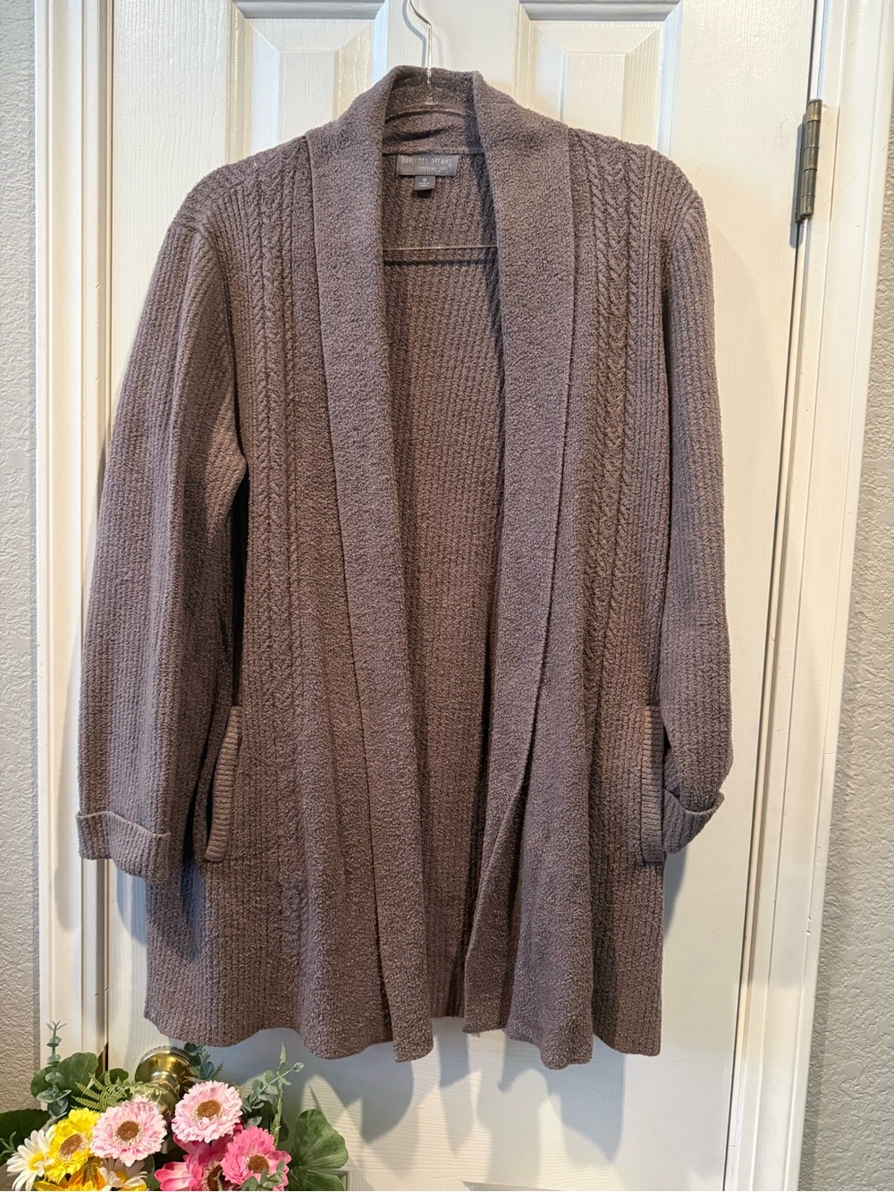 Barefoot Dreams Open-Front Cable-Trim Cardigan - Mauve Taupe